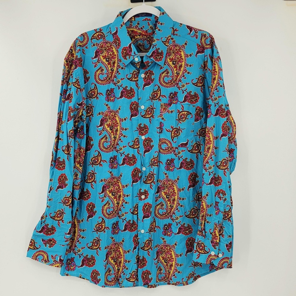 Alan‎ Flusser Shirt Mens XL Turquoise Paisley 100% Cotton Long Sleeve Button Up
